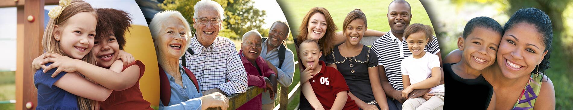 Collage showing two children hugging, two senior couples, a family with three children, a mother and her son